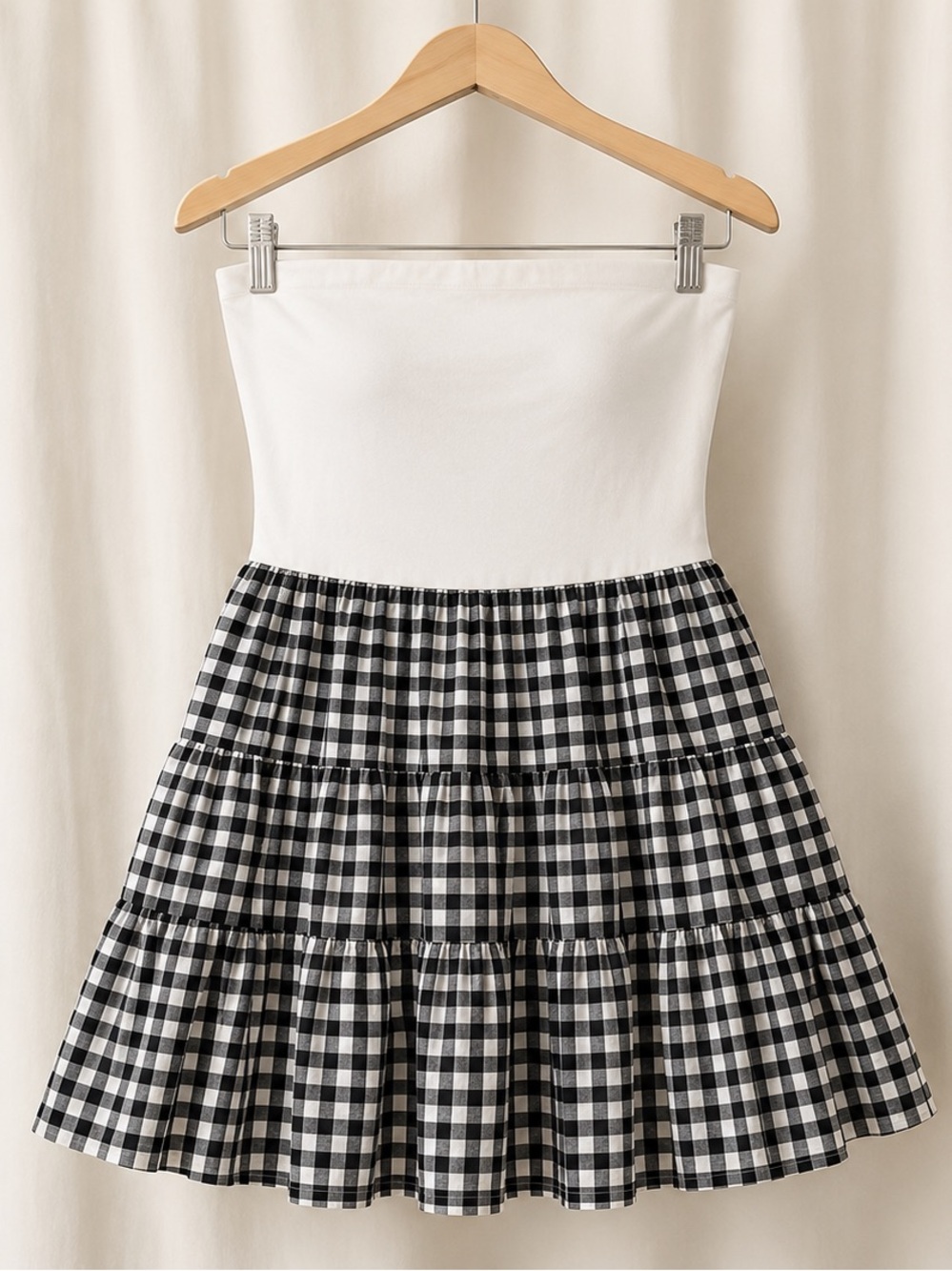 Thirty Thirty Strapless Gingham Tiered Mini Dress Size M Black White NWT - Picture 8 of 17